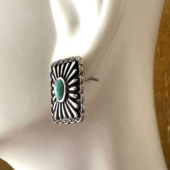 Silver tone and turquoise blue rectangular post earrings - Picture 3 of 6